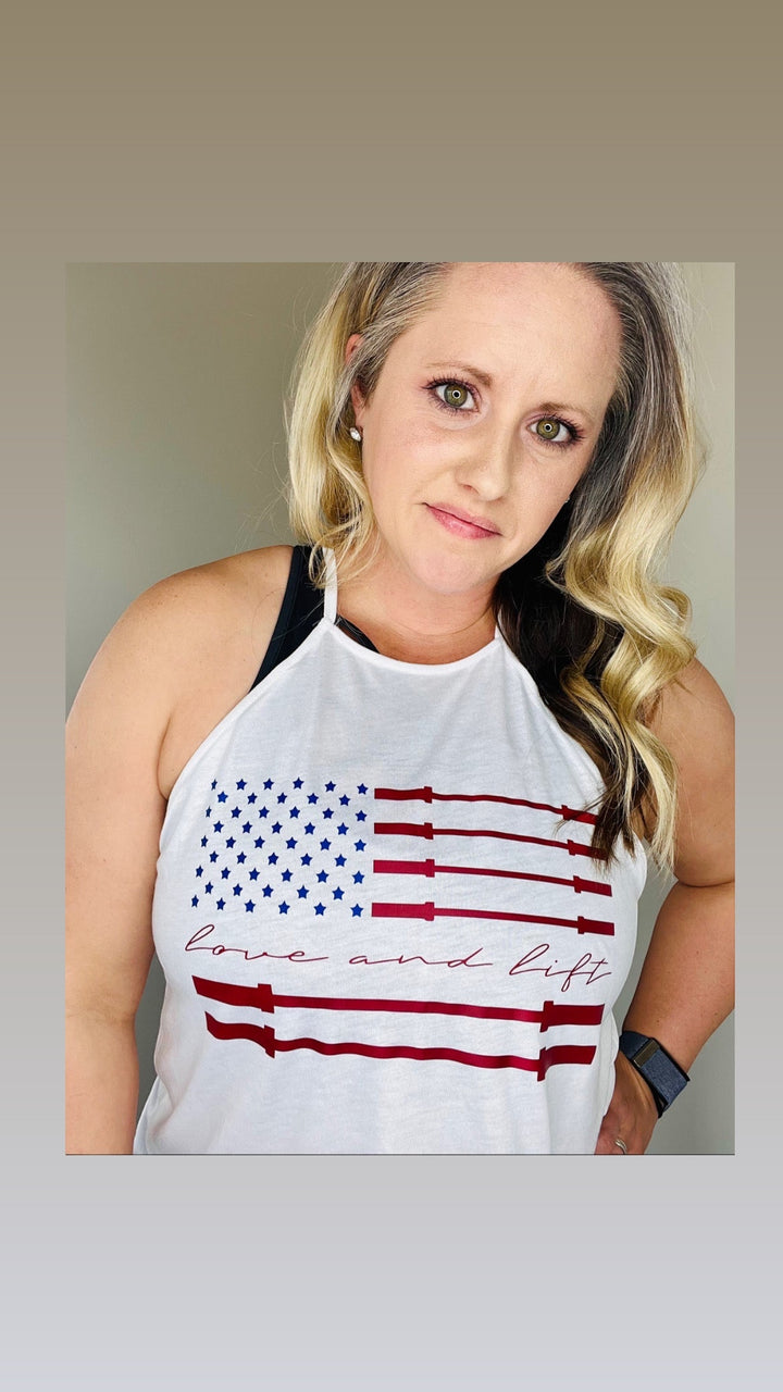 Love &amp; Lift Barbell Flag High Neck Tank