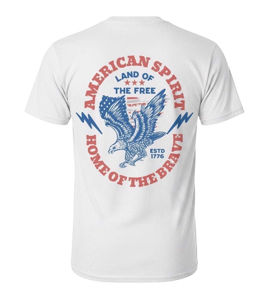 JSD Apparel white unisex t-shirt featuring a vintage patriotic eagle graphic with American flag and 1776 text on back
