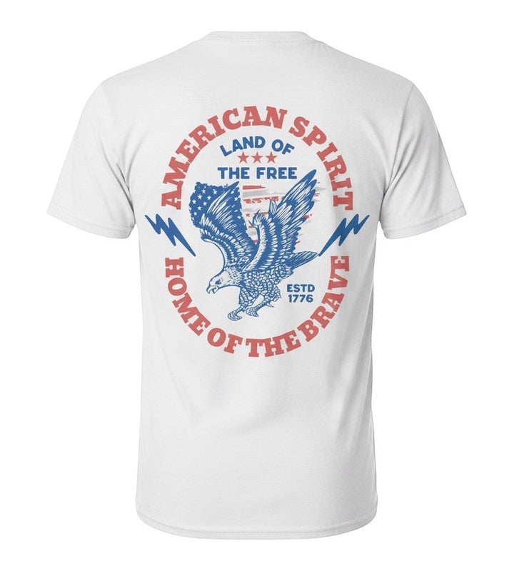 JSD Apparel white unisex t-shirt featuring a vintage patriotic eagle graphic with American flag and 1776 text on back