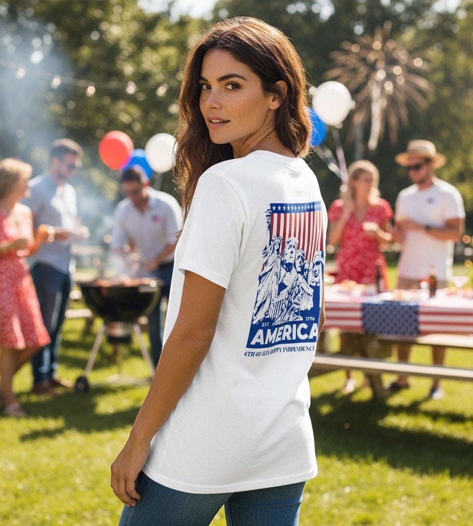 JSD Apparel white cotton graphic tee with patriotic American Icons design featuring Statue of Liberty and US Presidents.