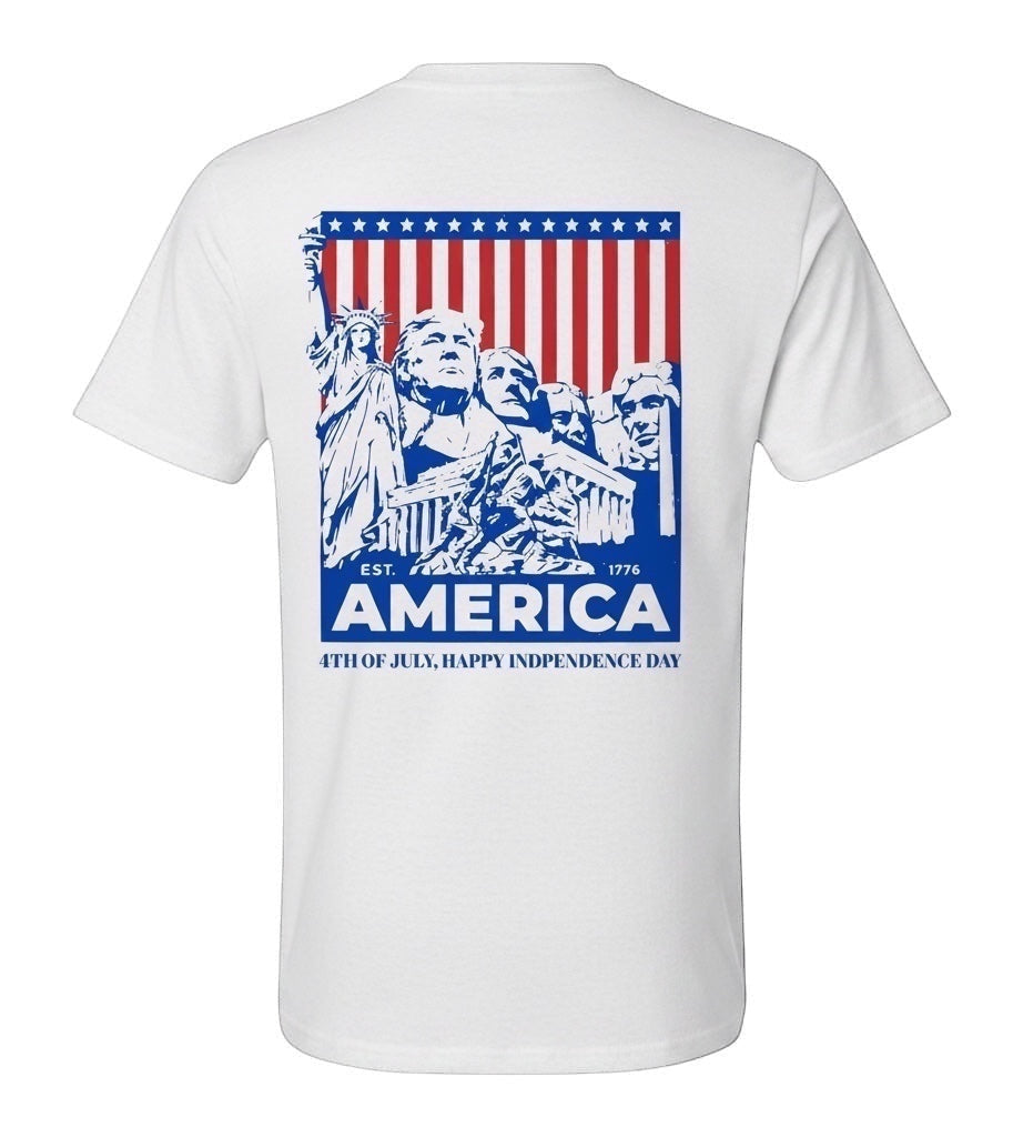 JSD Apparel white cotton t-shirt with patriotic graphic featuring Statue of Liberty, presidents, and American flag.