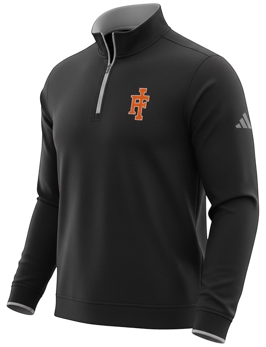 JSD Apparel black Adidas quarter-zip pullover with orange Idaho Falls Tigers logo and contrast collar detail.