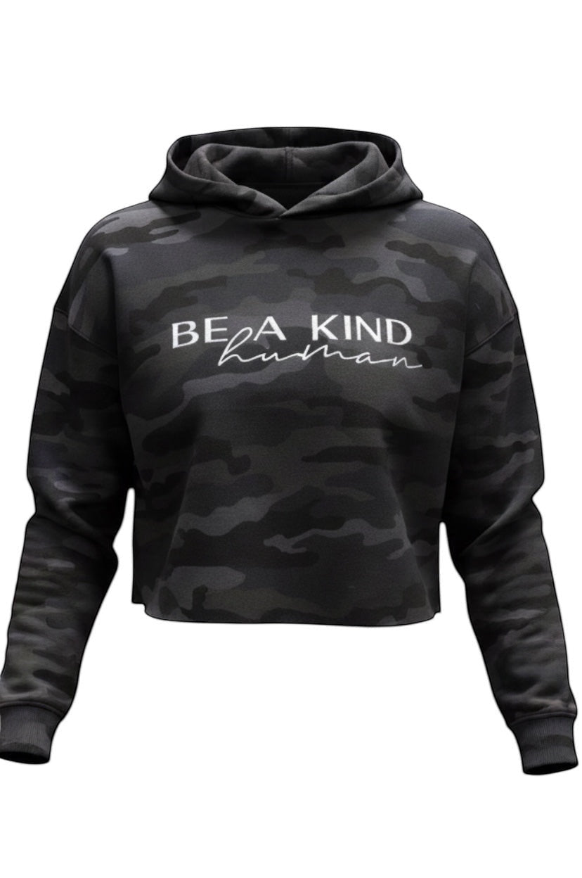 JSD Apparel black camo cropped hooded sweatshirt with white Be A Kind Human text graphic