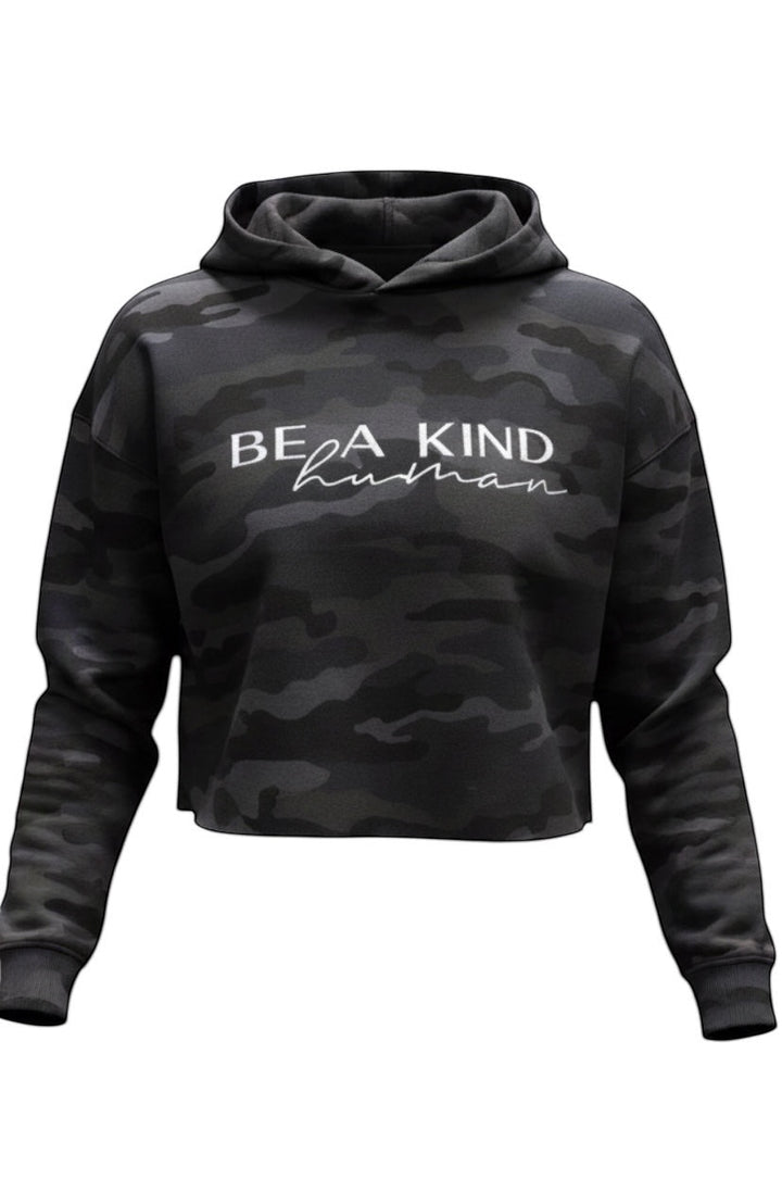 JSD Apparel black camo cropped hooded sweatshirt with white Be A Kind Human text graphic