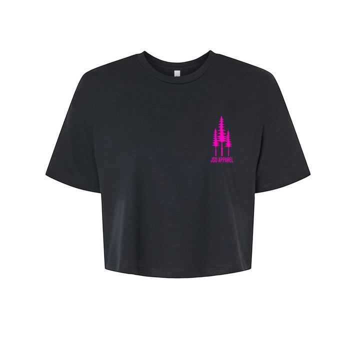 JSD Apparel black 100% cotton cropped t-shirt with pink tree graphic and logo on left chest.