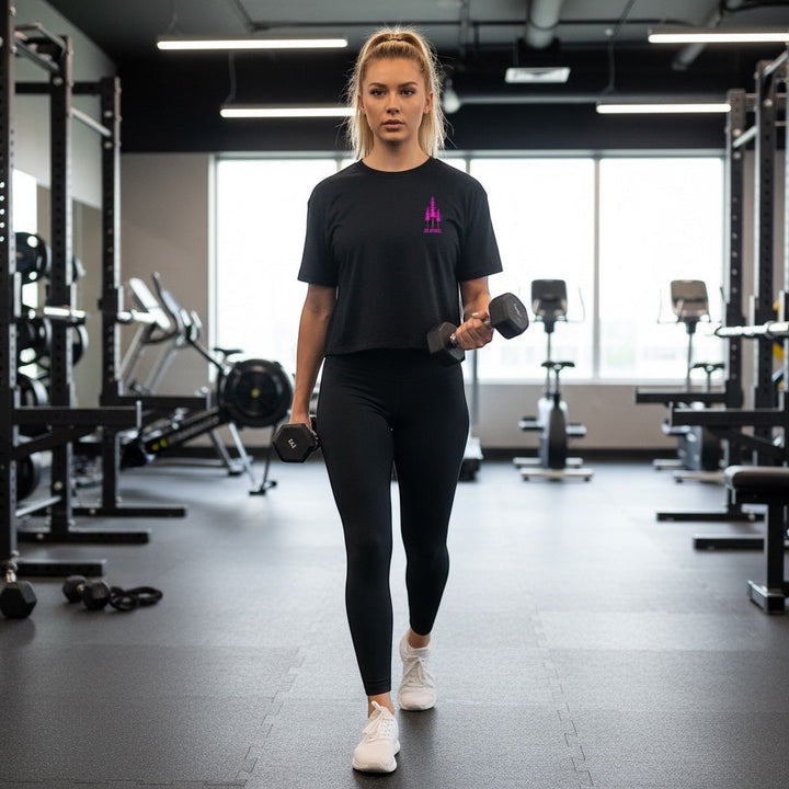 JSD Apparel black 100% cotton cropped tee with pink tree graphic and logo