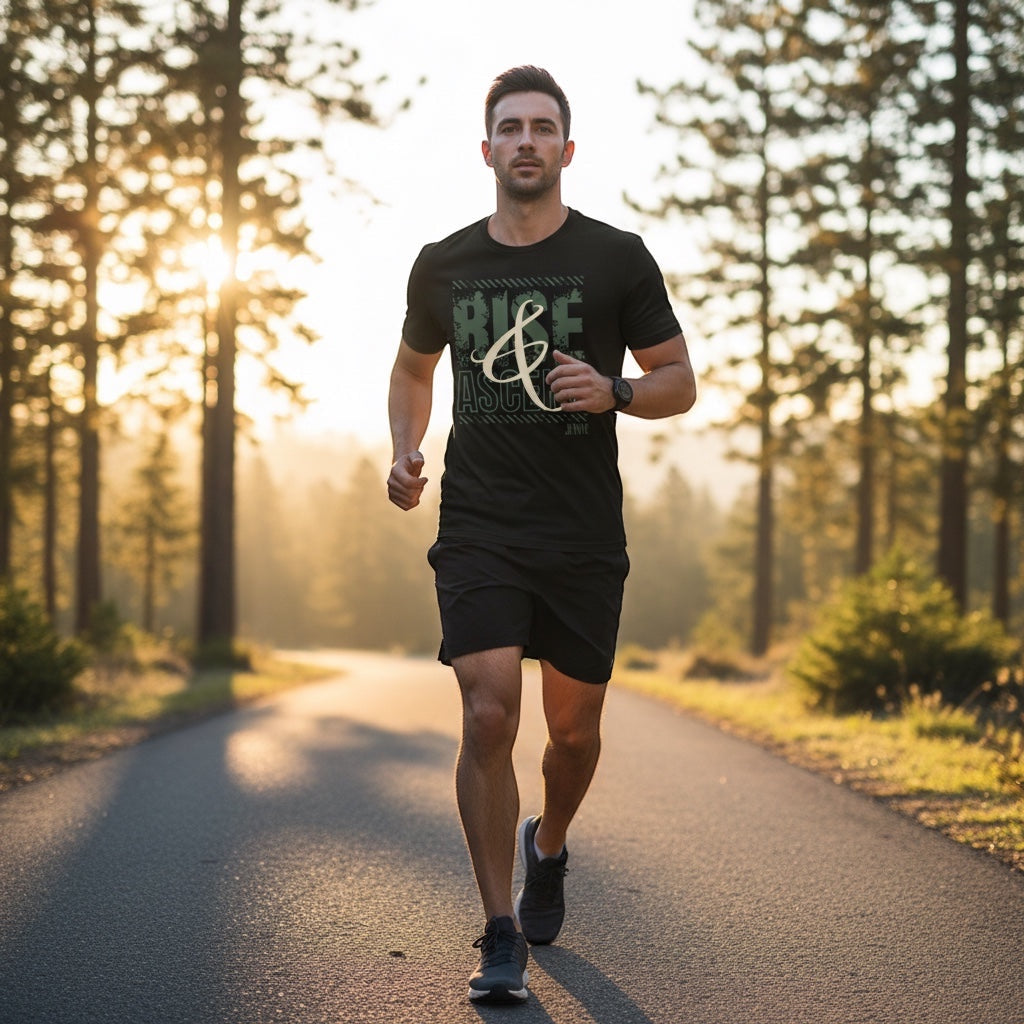 JSD Apparel unisex black cotton t-shirt with Rise & Ascend graphic worn by a man running on a forest road at sunrise