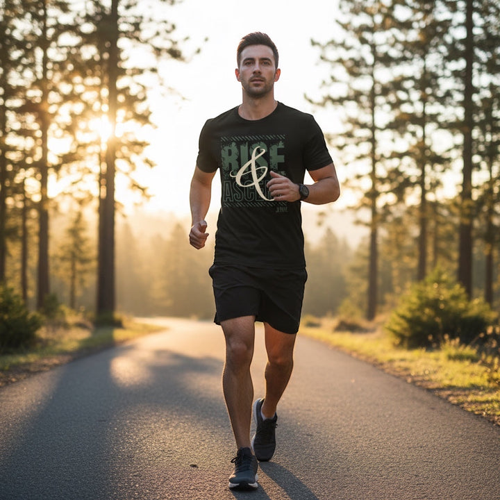 JSD Apparel unisex black cotton t-shirt with Rise & Ascend graphic worn by a man running on a forest road at sunrise