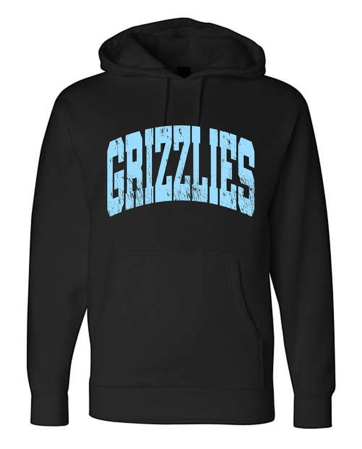 JSD Apparel black heavyweight fleece hoodie with a distressed light blue Grizzlies arch graphic on the chest.