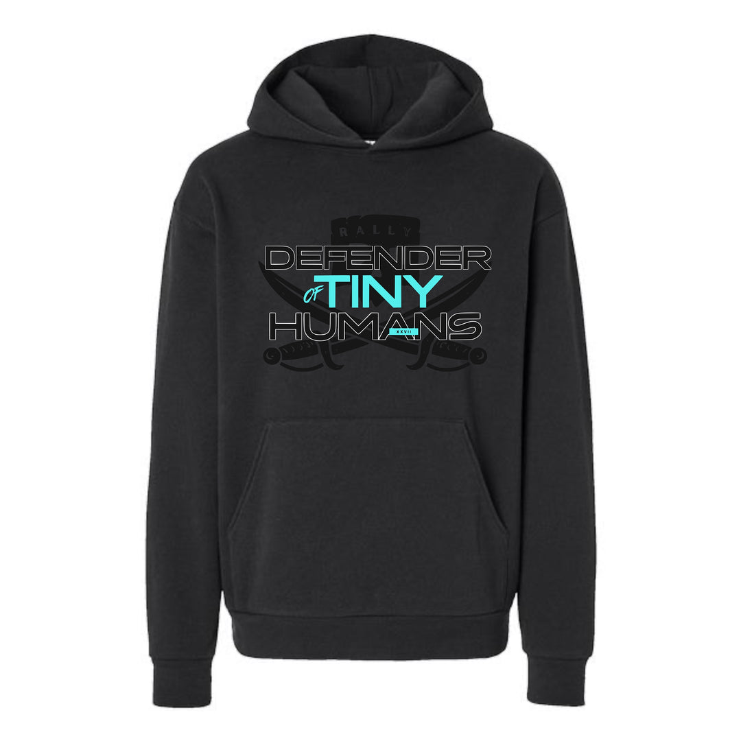 JSD Apparel black heavyweight hoodie with Defender of Tiny Humans graphic and front pouch pocket