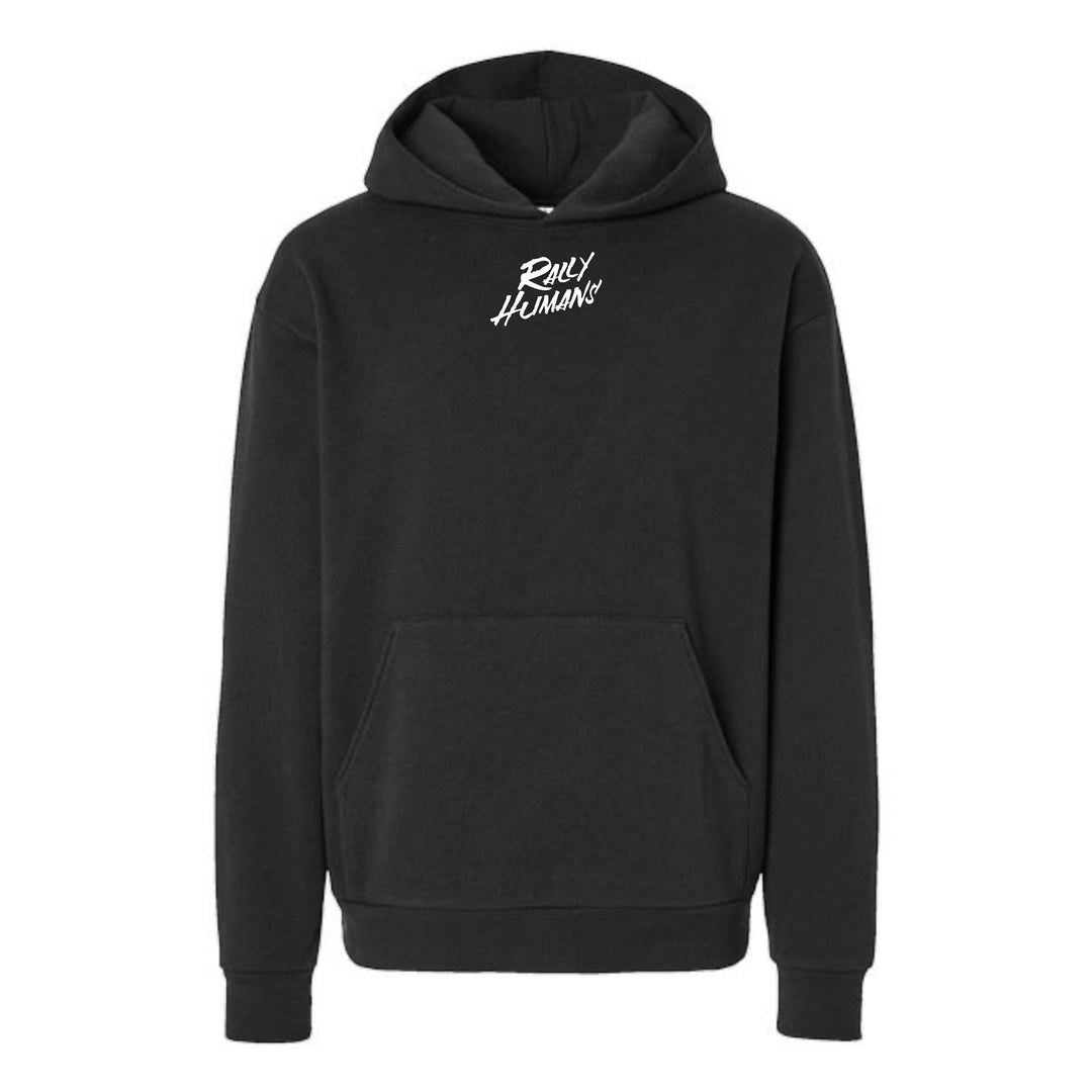 JSD Apparel black heavyweight hoodie with white Rally Humans logo on the chest and a front pouch pocket.