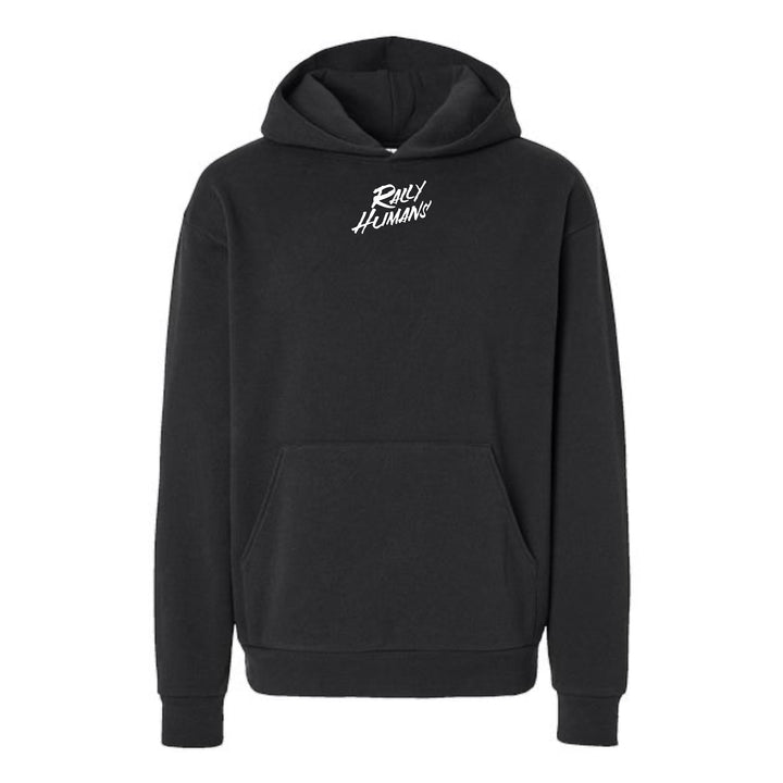 JSD Apparel black heavyweight hoodie with white Rally Humans logo on the chest and a front pouch pocket.