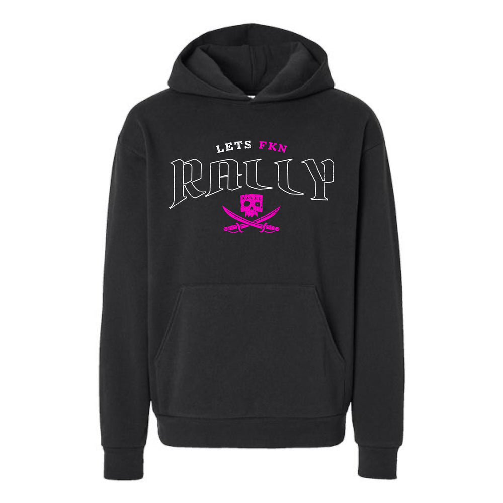 JSD Apparel black heavyweight hoodie with Let's FKN Rally skull and swords graphic in hot pink and white