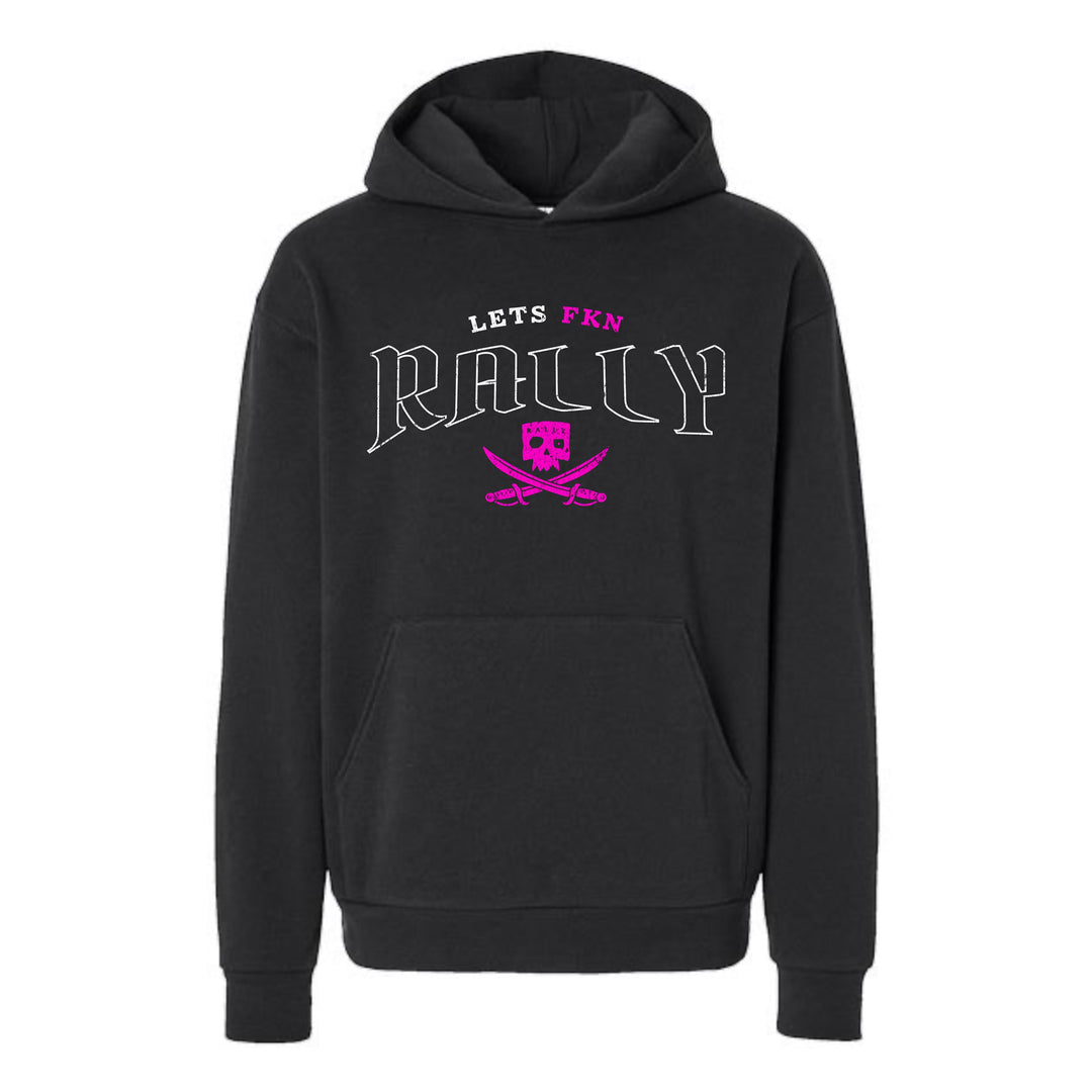 JSD Apparel black heavyweight hoodie with Let's FKN Rally skull and swords graphic in hot pink and white