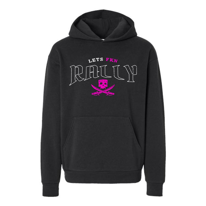 JSD Apparel black heavyweight hoodie with Let's FKN Rally skull and sword graphic in hot pink and white print.