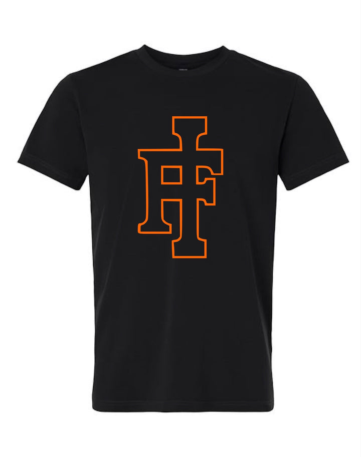 JSD Apparel black premium crewneck t-shirt featuring an orange outlined IF Idaho Falls Tigers logo