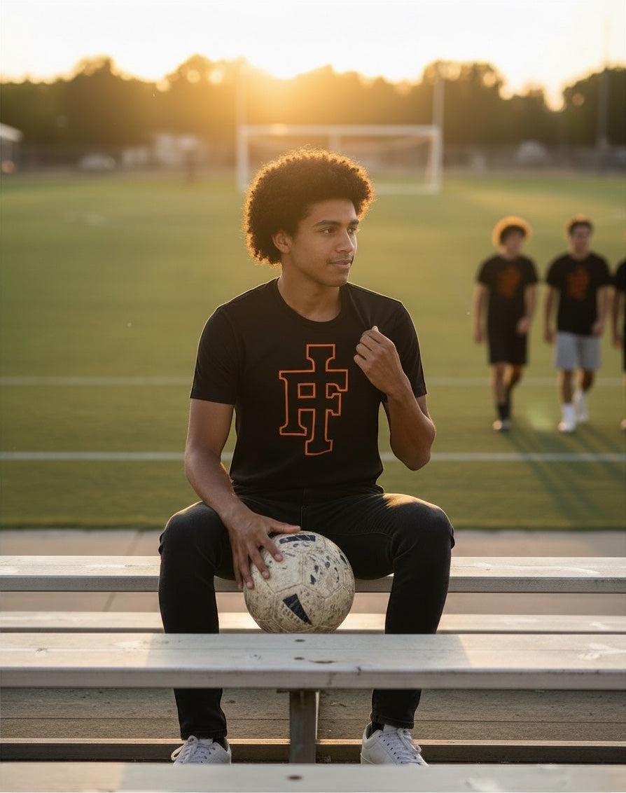JSD Apparel black premium tee with orange IF logo worn by a young man sitting on a bench at a sports field at sunset