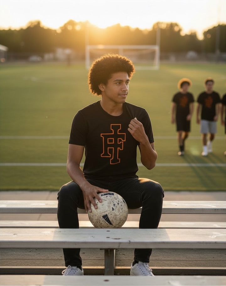 JSD Apparel black premium tee with orange IF logo worn by a young man sitting on a bench at a sports field at sunset
