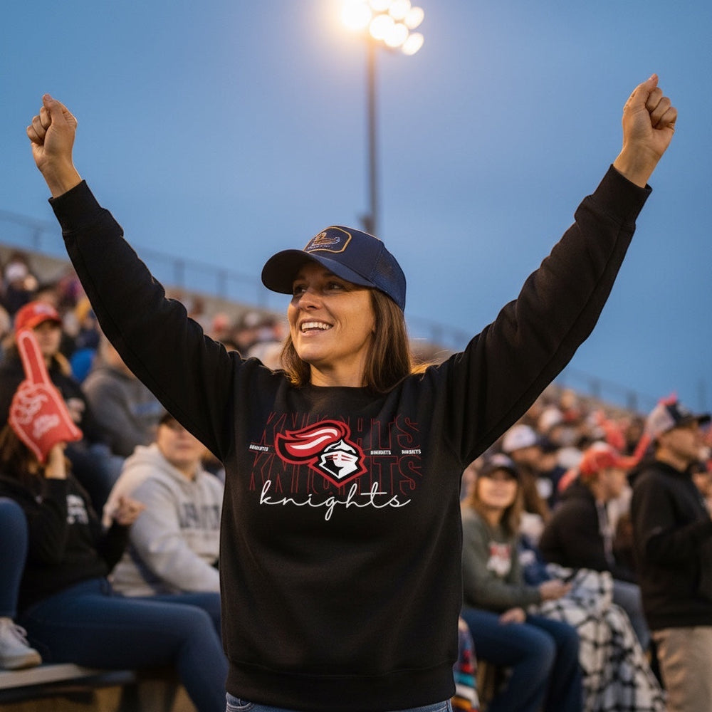 JSD Apparel black crewneck sweatshirt with Knights collegiate script graphic worn by a woman cheering in stadium stands