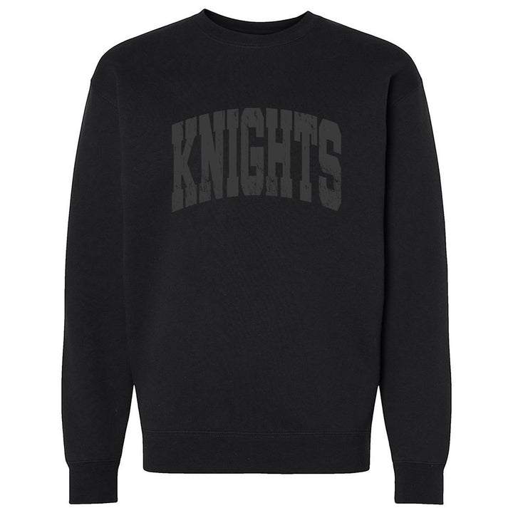 JSD Apparel black fleece crewneck sweatshirt featuring a distressed tonal black KNIGHTS collegiate arch graphic.