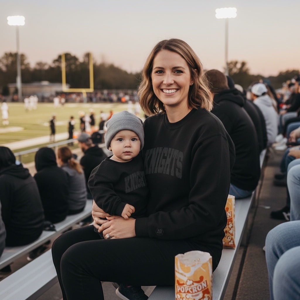 JSD Apparel black crewneck sweatshirts with distressed Knights arch graphic worn by a woman and baby at a football game