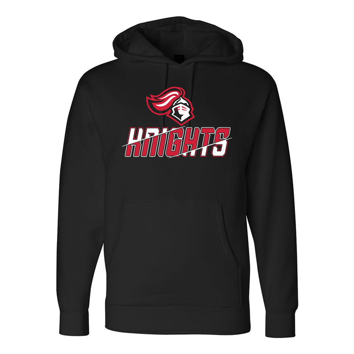 JSD Apparel black heavyweight pullover hoodie featuring a red and white Hillcrest Knights graphic and kangaroo pocket