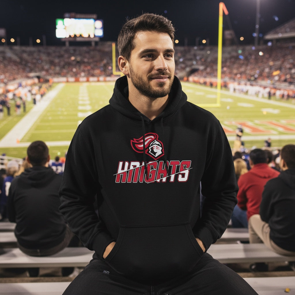 JSD Apparel black heavyweight pullover hoodie with Hillcrest Knights graphic, worn by a man at a night football game.