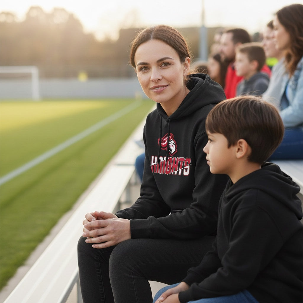 JSD Apparel black heavyweight hoodie with Hillcrest Knights graphic worn by a woman sitting at a sports field