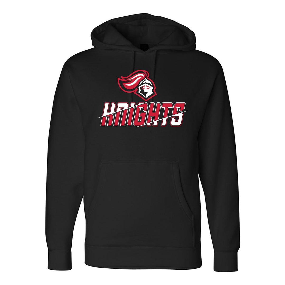 JSD Apparel black heavyweight pullover hoodie featuring a Hillcrest Knights graphic with a knight head and logo.