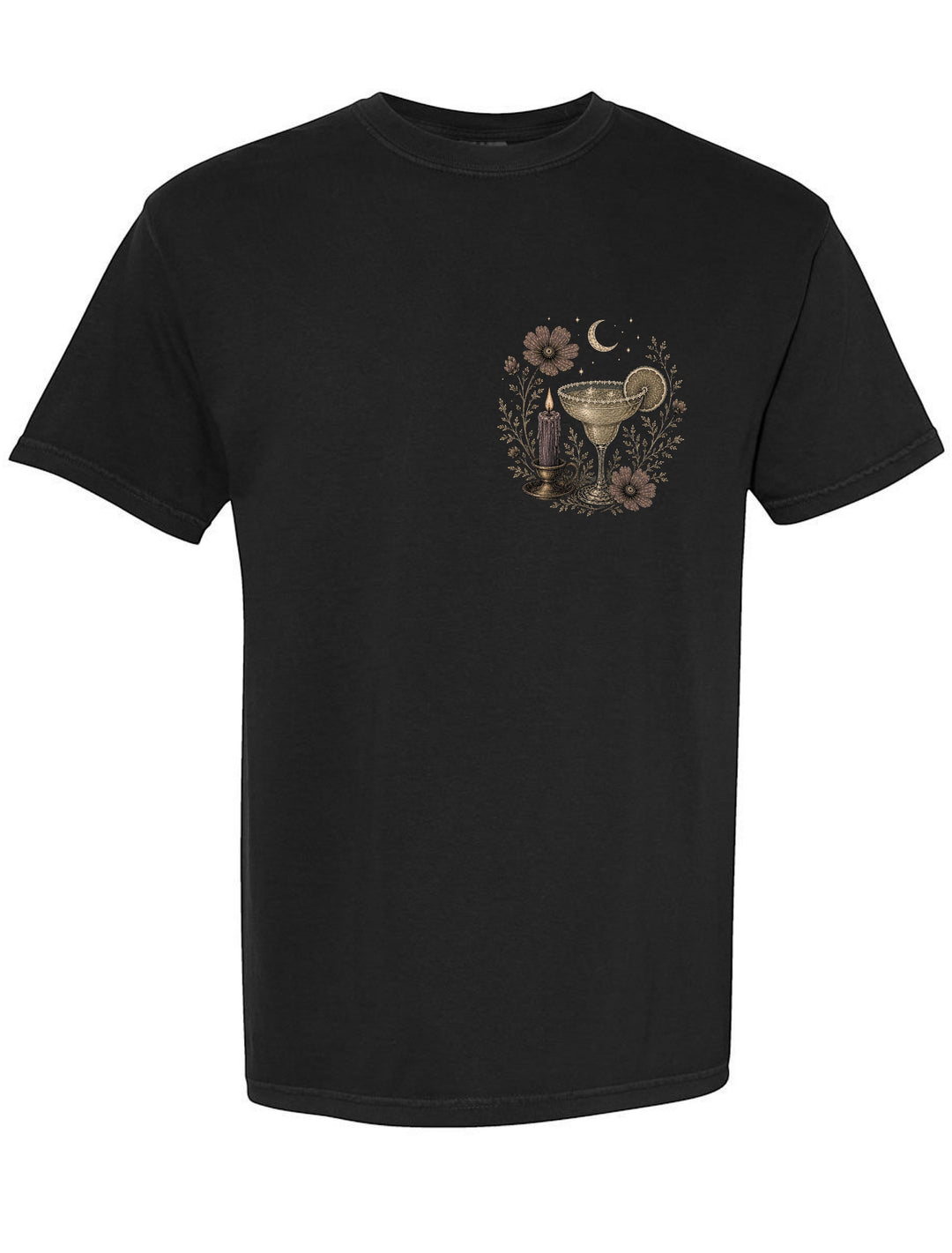 JSD Apparel black Comfort Colors unisex tee featuring a small margarita and candle graphic on the left chest