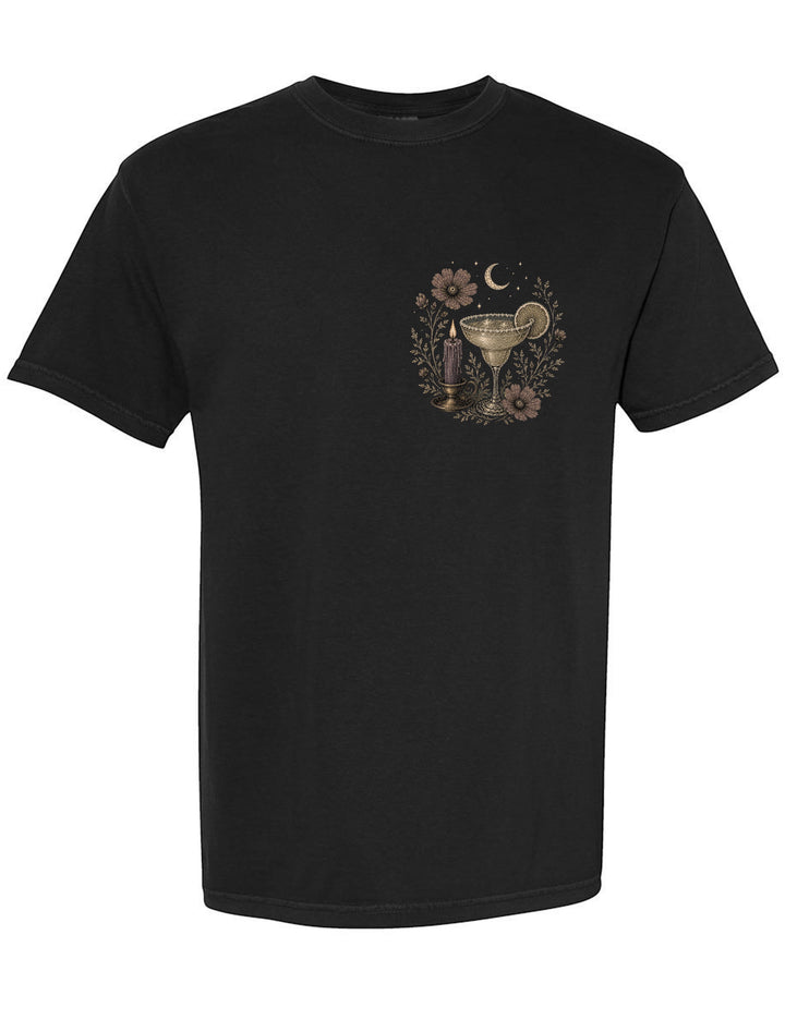 JSD Apparel black Comfort Colors unisex tee featuring a small margarita and candle graphic on the left chest