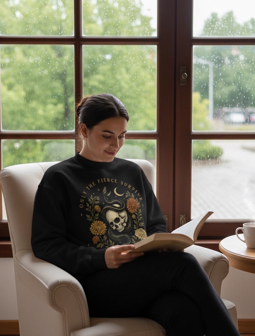JSD Apparel black mock neck sweatshirt with skull, serpent, and floral graphic worn by a woman reading in a chair.
