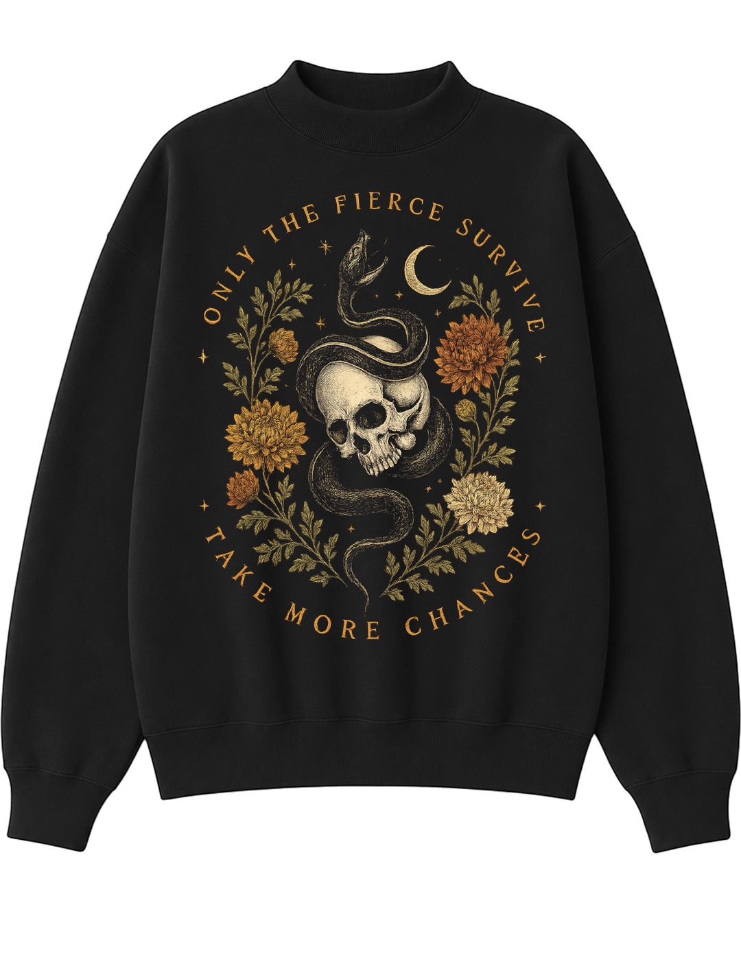 JSD Apparel black mock neck sweatshirt featuring a skull, serpent, and autumn floral graphic with celestial details.