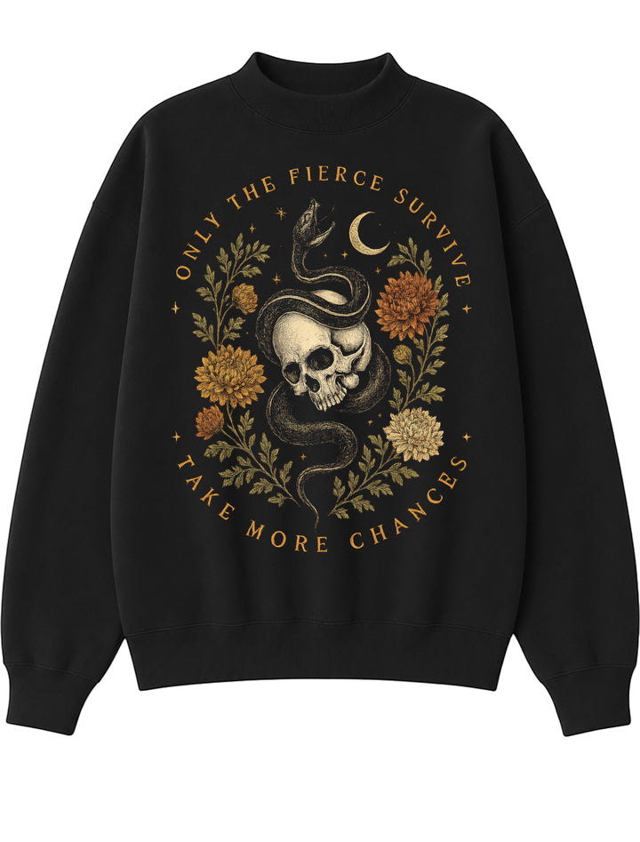 JSD Apparel black mock neck sweatshirt featuring a skull, serpent, and autumn floral graphic with celestial details.