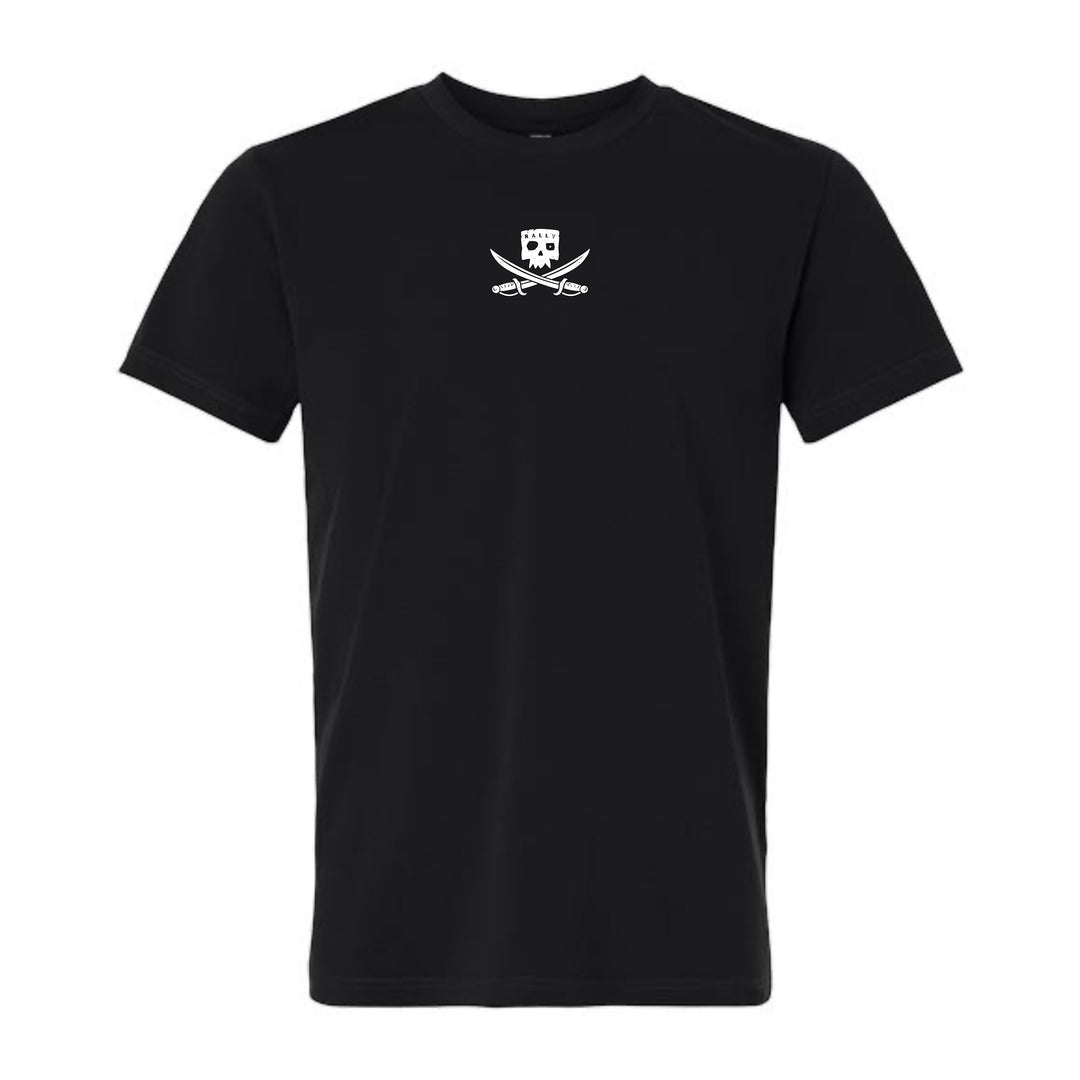 JSD Apparel black unisex premium cotton t-shirt featuring a white skull and crossed swords chest graphic.