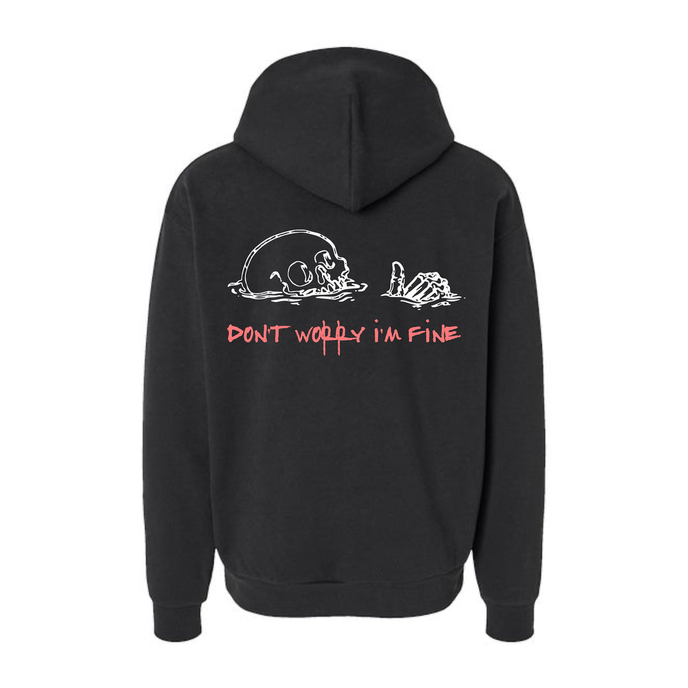 JSD Apparel black heavyweight hoodie featuring a back graphic of a submerged skull and Don't Worry I'm Fine text.