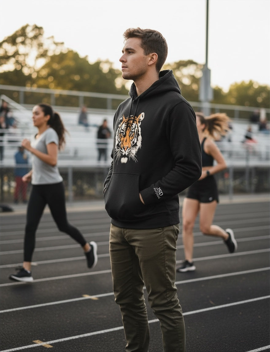 Man wearing a black JSD Apparel heavyweight hoodie with a vintage tiger graphic on a running track