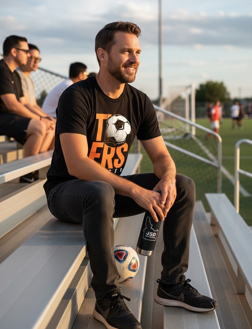 JSD Apparel black unisex jersey tee with orange Tiger Soccer stacked graphic worn by a man sitting on stadium bleachers