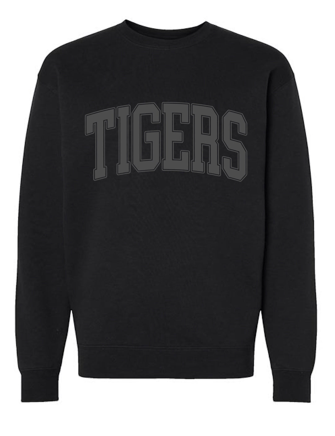JSD Apparel black crewneck sweatshirt featuring bold collegiate-style TIGERS arch lettering on the chest.