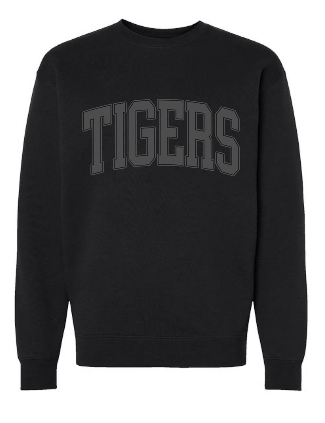 JSD Apparel black crewneck sweatshirt with collegiate-style TIGERS arch lettering in a soft cotton-poly blend.