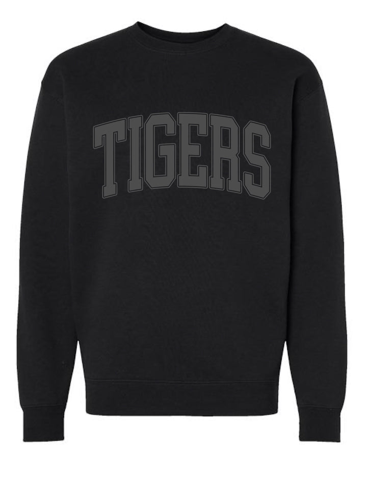 JSD Apparel black crewneck sweatshirt with collegiate-style TIGERS arch lettering in a soft cotton-poly blend.