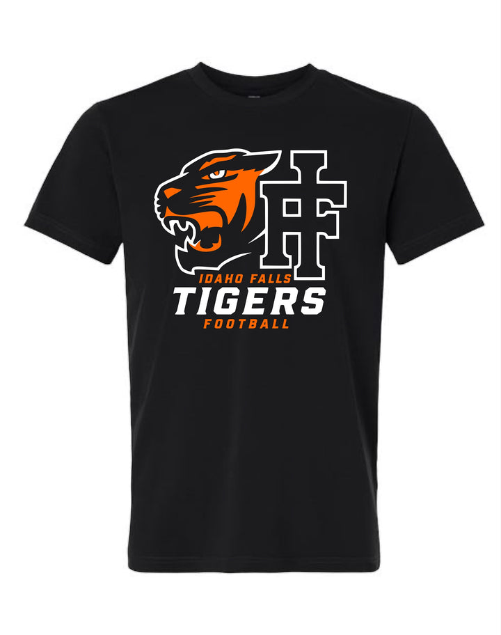 JSD Apparel black crewneck t-shirt featuring an orange and white Idaho Falls Tigers football logo and tiger head.