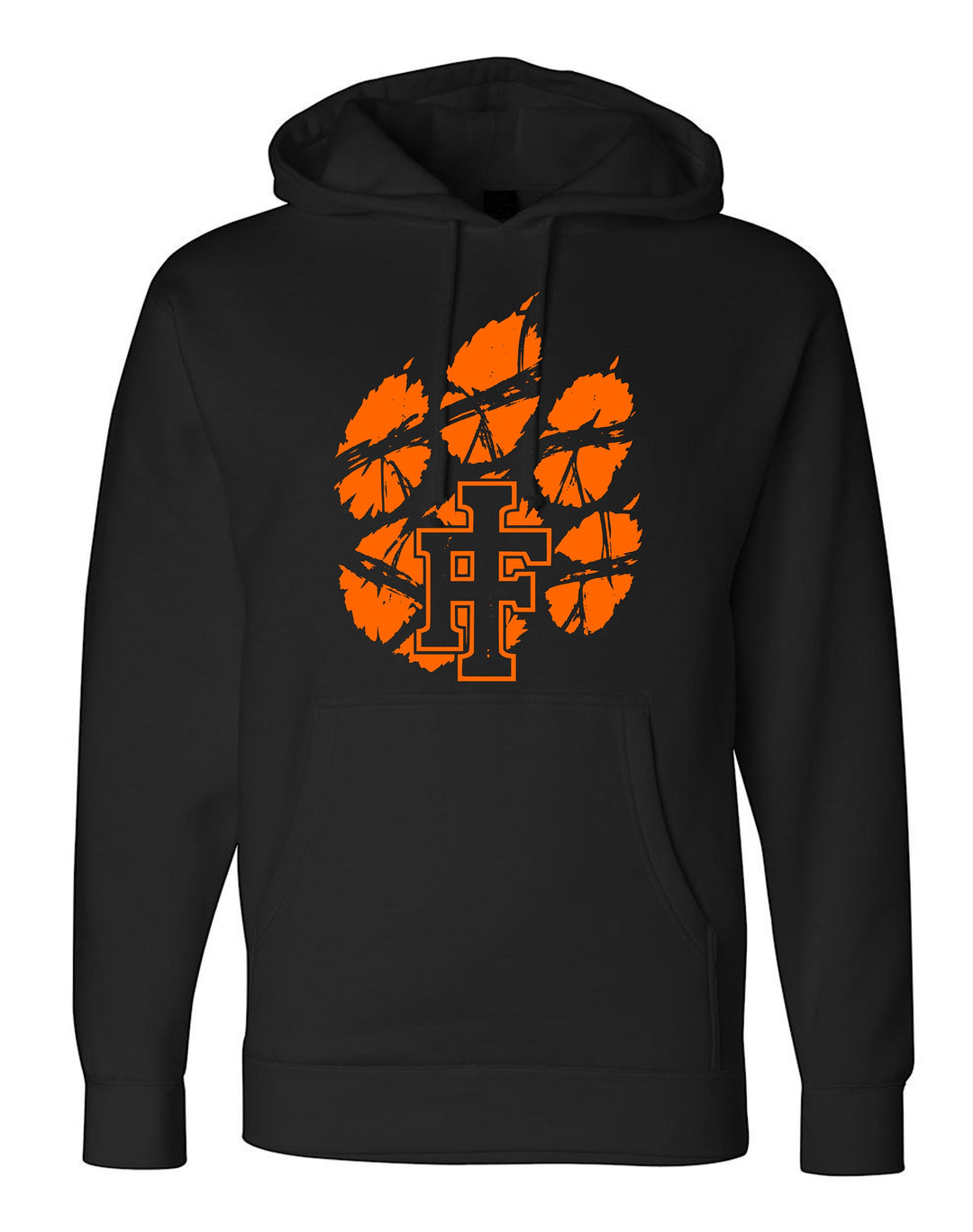 JSD Apparel black heavyweight hoodie featuring a distressed orange Idaho Falls Tigers paw logo and kangaroo pocket.
