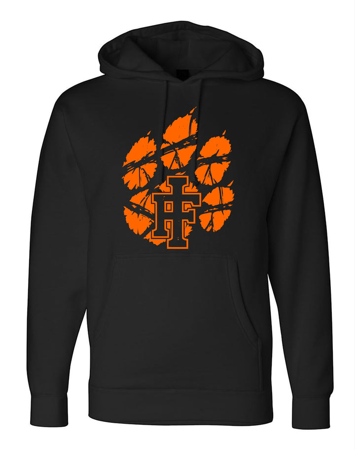 JSD Apparel black heavyweight hoodie featuring a distressed orange Idaho Falls Tigers paw logo and kangaroo pocket.
