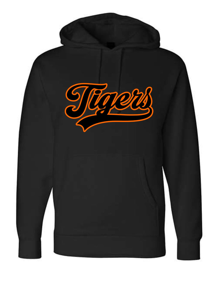 JSD Apparel black heavyweight hoodie with orange outlined Tigers script logo on the front