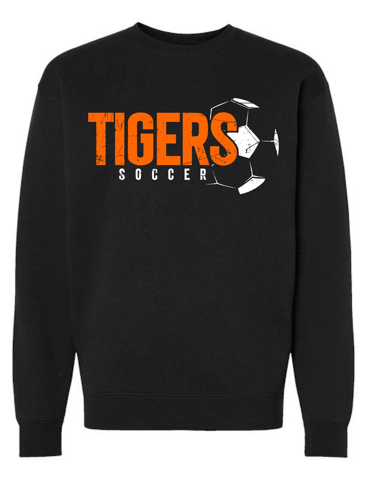 JSD Apparel black vintage crewneck sweatshirt featuring distressed orange and white TIGERS soccer graphic