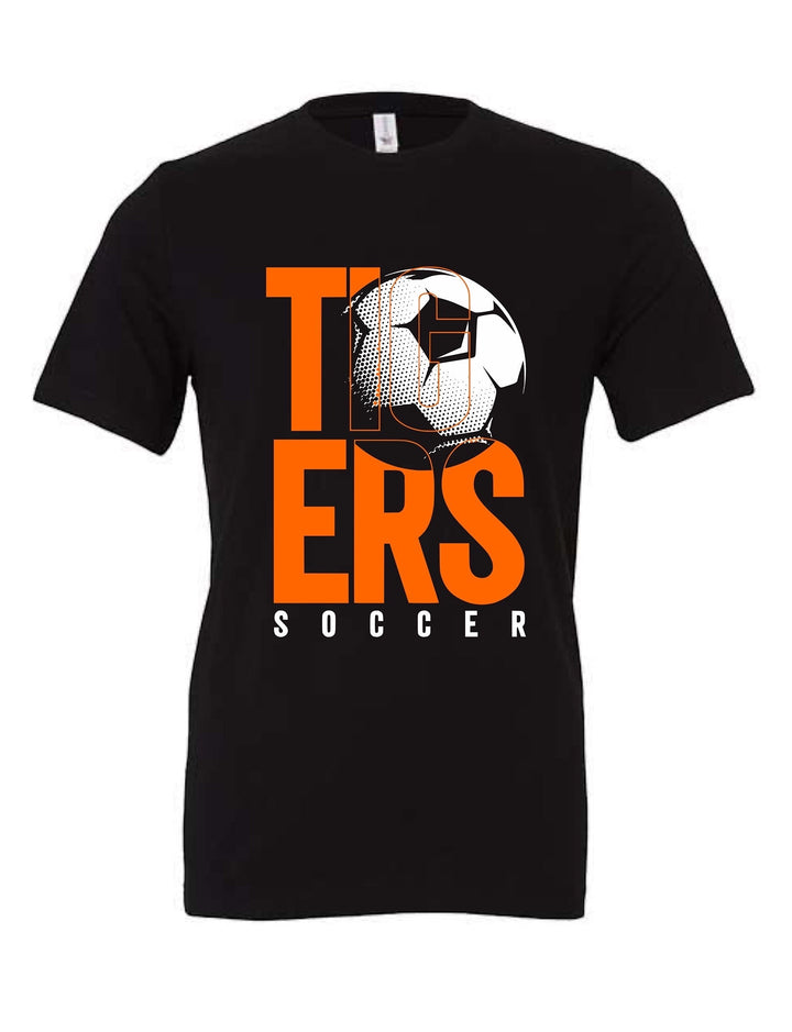 JSD Apparel black unisex jersey tee featuring a bold orange and white TIGERS soccer graphic with a ball design.