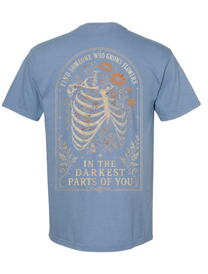 JSD Apparel blue Comfort Colors unisex tee featuring a vintage skeletal floral back graphic with inspirational quote