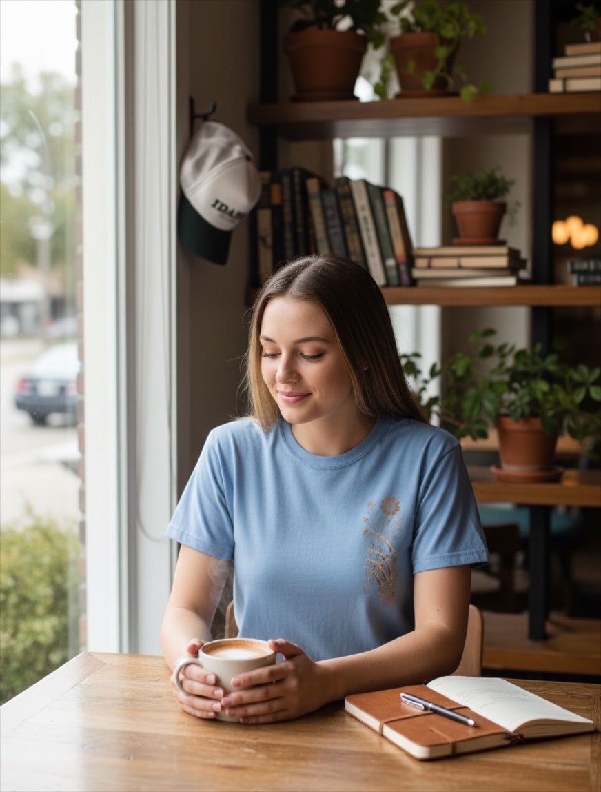 JSD Apparel light blue Comfort Colors unisex tee with a floral skeleton chest graphic worn by a woman in a cafe