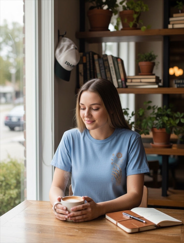 JSD Apparel light blue Comfort Colors unisex tee with a floral skeleton chest graphic worn by a woman in a cafe